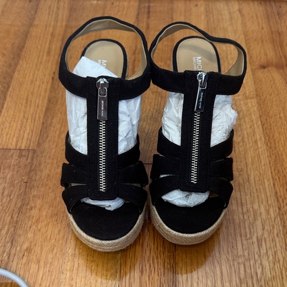 Michael Kors Black and Tan Wedge Sandals - Picture 2 of 3